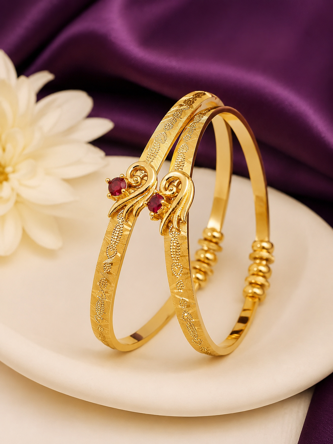 Premium Gold Plated Ruby Stone Free Size Bangles | Kadli | Set of 2