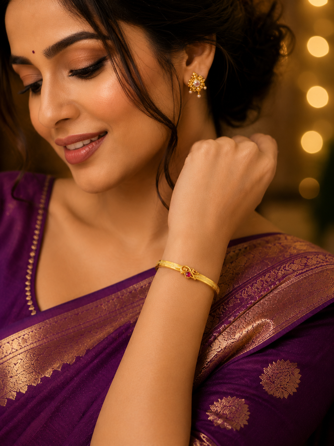 Premium Gold Plated Ruby Stone Free Size Bangles | Kadli | Set of 2
