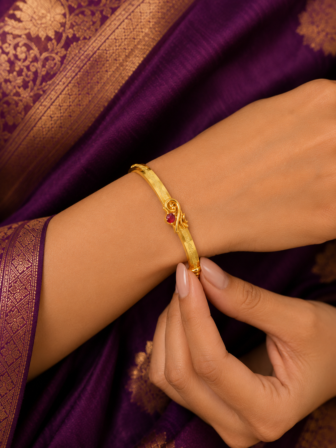 Premium Gold Plated Ruby Stone Free Size Bangles | Kadli | Set of 2